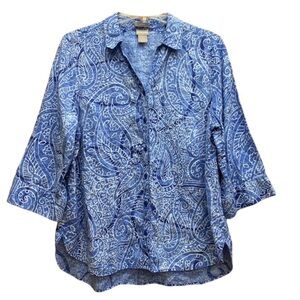 Chicos Button Up Womens 2 Blue White No Iron 100% Linen Paisley 3/4 Sleeve